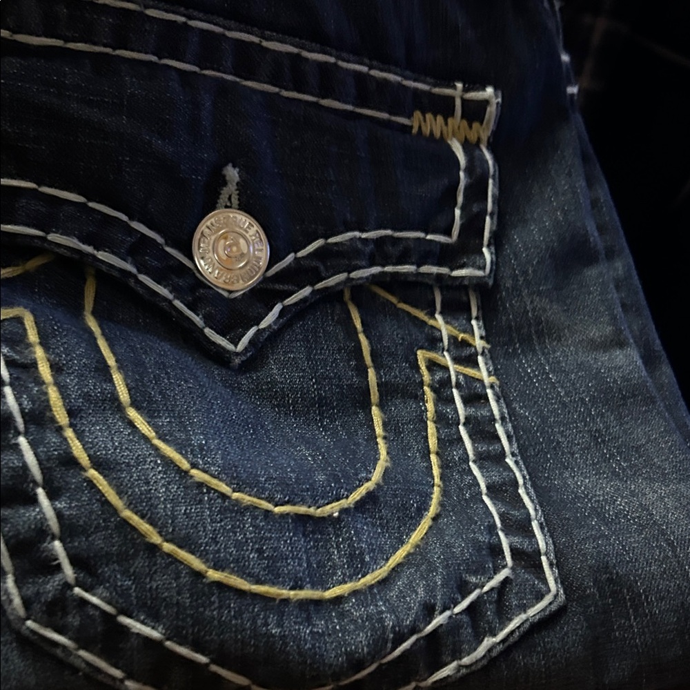 True Religion Navy Jeans with White and Gold Stitching